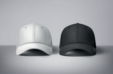 Black and white baseball caps mock up in gray background, front and back or different sides. For branding and advertising.