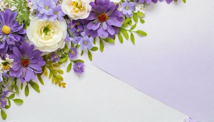 Violet spring flowers background, empty space for text