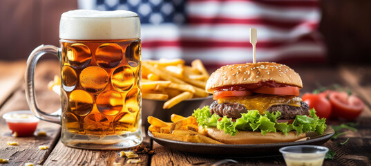American Feast, Craft Beer, Burger, Fries, and Salad