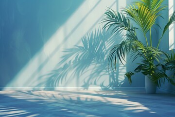 Fototapeta na wymiar Anonymous woman holding a palm tree leaf and playing with the light getting into the room. AI generated illustration