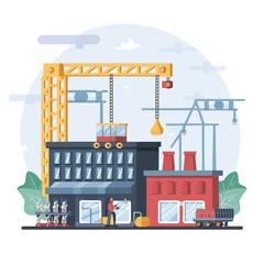 2d vector illustration colorful machine , worker and Industry and its development technology, factories and production lines icon
