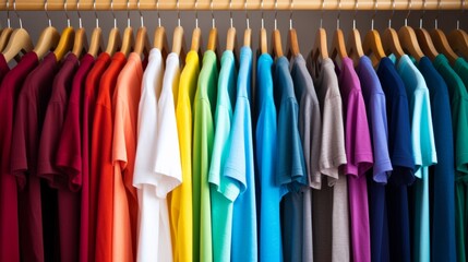 colorful of t-shirt with hangers in market, Fashion style. Neural network AI generated art