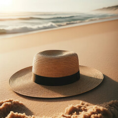 Fototapeta na wymiar A straw hat rests on sandy beach as dawn breaks.