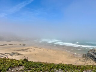 foggy ocean coast, fog at the ocean beach