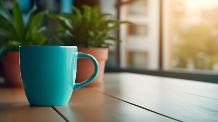 Fototapeta premium Turquoise Coffee Cup on a wooden Table. Blurred Interior Background
