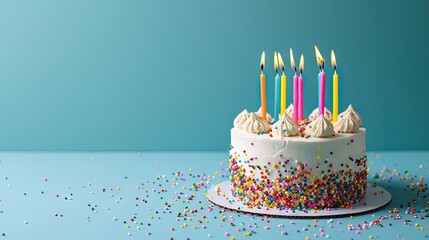 A delicious celebration cake with vibrant sprinkles and twenty-one candles. Perfect for birthdays and special events