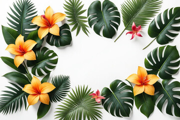 Fototapeta na wymiar Flat lay of composition with fresh tropical leaves, exotic flowers on white background. Summer concept with flower pattern. Mock-up, wallpaper. Copy ad text space. Generative Ai illustration