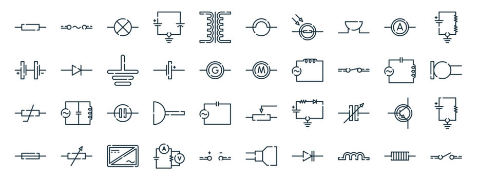 set of 40 outline web electrical circuit icons such as ac supply, battery, thermistor, fuse, series lc circuits, resistor divider circuit, filament lamp icons for report, presentation, diagram, web