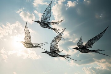 a captivating visual representation of metal wire-framed birds taking flight, their sleek and minimalistic forms creating a poetic dance in the sky, resembling a sculpture statue. - obrazy, fototapety, plakaty