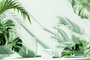 Green background with Monstera plants and some blank pedestals for use as mockup and display of your product.