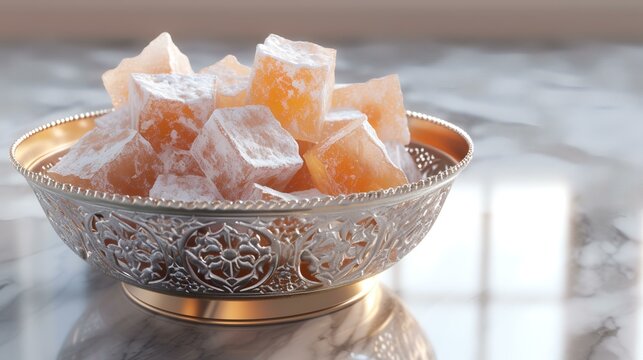Turkish delight in a metal bowl on a marble background. 3d render