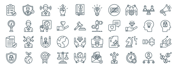 set of 40 outline web business ethics icons such as trustworthy, gauge, principle, protection, knowledge, promotion, innovation icons for report, presentation, diagram, web design, mobile app