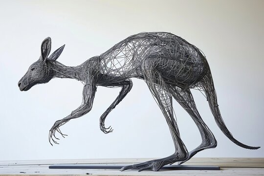 a dynamic metal wire-framed kangaroo, illustrating its iconic hopping stance in a minimalist sculpture statue.