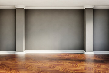 Empty room with gray plaster wall and wooden floor. Modern home interior background. Architecture minimal aesthetic.