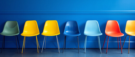 Colorful alignment, a row of vibrant chairs against a striking blue wall, a study in simplicity and design