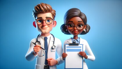 Caucasian Male Doctor and African Female Therapist as Cartoon Characters 3D Rendering on Blue Background, Highlighting Friendly Medical Roles