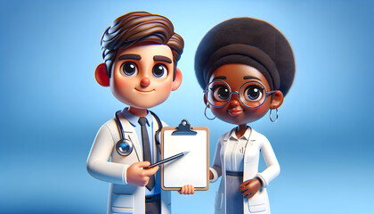 Caucasian Male Doctor and African Female Therapist as Cartoon Characters on Blue Background, 3D Rendering Highlighting Friendly Medical Roles