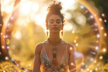 A woman practicing yoga meditation in nature, reaching mindfulness, spiritual awareness and nirvana, surrounded by mystical lights effects