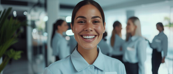 Radiant welcome, a cleaning company employee greets with a bright, service-ready smile