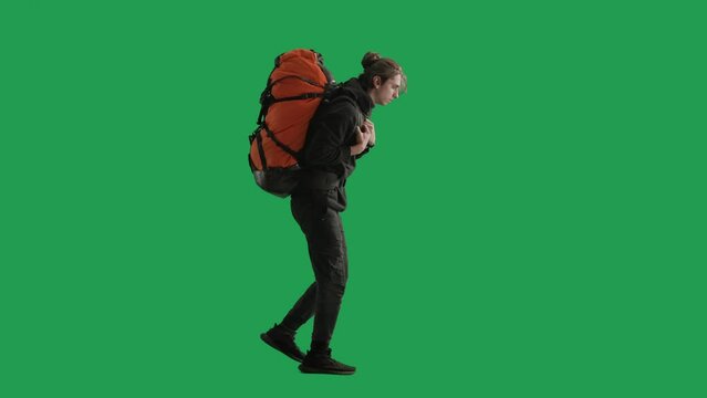 Side view of a tired hiker in full length walking with a heavy backpack on a green screen. A man wipes sweat from his forehead with his hand. Concept of outdoor adventure, tiredness and fatigue.
