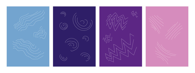 Creative minimalistic abstract art posters on colored backgrounds in doodle style. Design for wall decoration, postcard, poster or brochure.