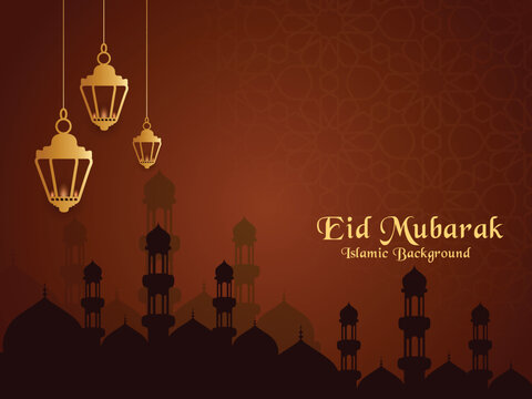 Islamic beautiful greeting eid mubarak card design with  lanterns and mosque