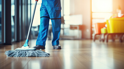Cleaning service worker with mop in office closeup
