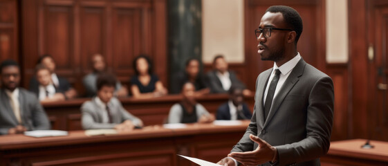 In the courtroom, a lawyer articulates his point with conviction, advocating for justice - obrazy, fototapety, plakaty