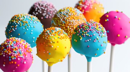 several colorful cake pops on sticks on white background, rounded, dotted, brightly colored, pop art sensibilities,