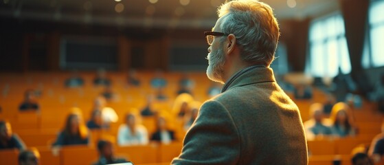 corporate trainer leading an interactive workshop with blurred crowed, spacious seminar hall , generative ai.