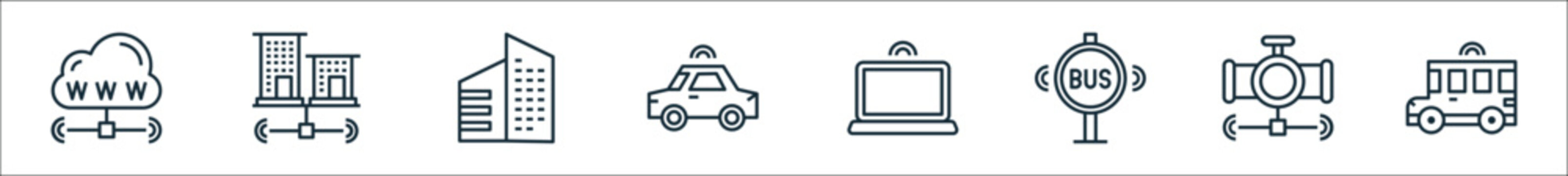 outline set of internet of things line icons. linear vector icons such as www, building, building, smart car, smartphone, bus stop, leak, bus