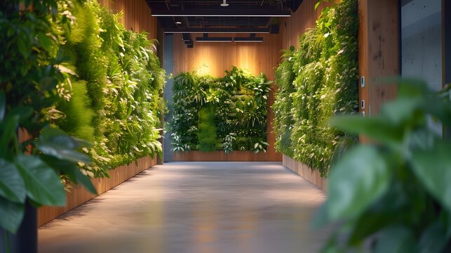 Interior shots of offices with flora and fauna or vertical gardens