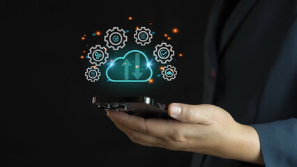 man showing virtual screen with cloud computing diagram. Cloud technology. Data storage. Networking and internet service concept