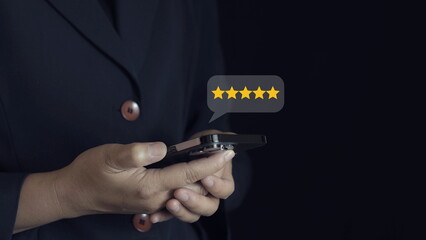 Customer review satisfaction feedback survey concept, User give rating to service experience on online application, Customer can evaluate quality of service leading to reputation ranking of business.