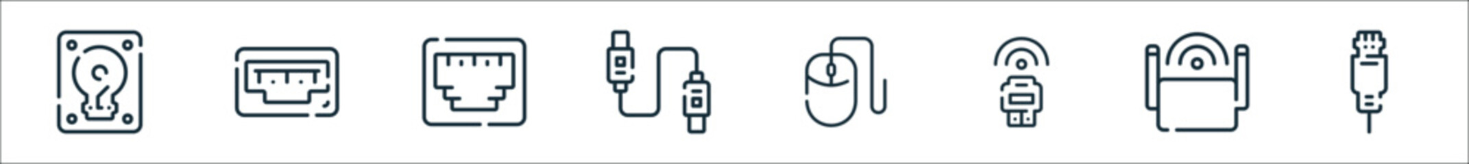 outline set of computer and hardware line icons. linear vector icons such as hard disk, connector, hdmi port, usb cable, mouse, dongle, wireless router, connector - obrazy, fototapety, plakaty