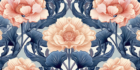 Generative AI, Colorful floral pattern in the style of art nouveau 1900s, beautiful flowers and plants