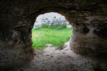 Prehistoric caves in the Murgia Materana reserve (Matera Italy) dating back to the Paleolithic and...
