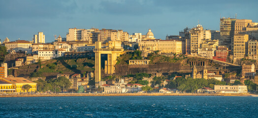 Sea front view of the old city center of Salvador, Bahia, Brazil, Below the skyline the famous...