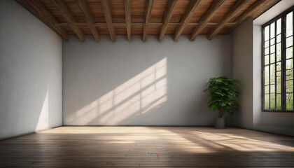 Obraz premium Experience the calmness of an empty room, bathed in natural light pouring through a large window, providing an ideal backdrop for captivating text or presentation backgrounds.