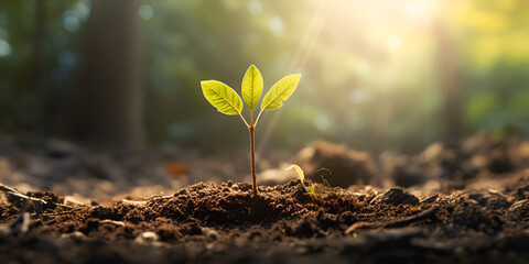 Seedling are growing in the soil and sun light or sunset, Plant growing out of the sunlit soil in a forest with defocused trees in the background, 
 - obrazy, fototapety, plakaty