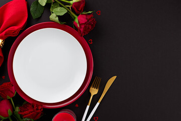 Romance in every detail: elegant tablescapes for Valentine's celebration. Top view photo of plates,...