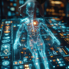 Holographic Interface with Human Form.
A human hologram with a complex interface, symbolising the integration of biotechnology and digital innovation.
