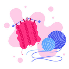 color vector illustration on an abstract background depicting balls of thread and wool and knitting needles
