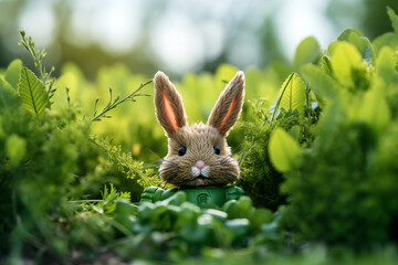 Cute bunny figure on a green grass, bright Easter background. Close up image of decorative rabbit sitting in the vibrant grass. Concept: Easter holidays, spring, greeting card.