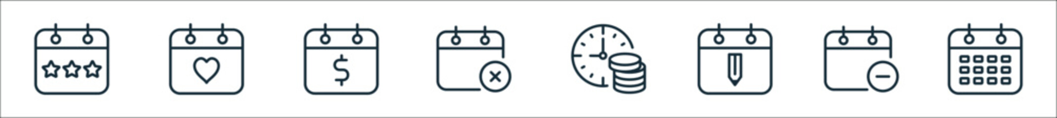 outline set of time and date line icons. linear vector icons such as calendar, calendar, calendar, time is money, - obrazy, fototapety, plakaty