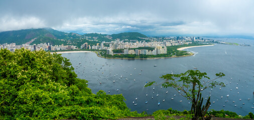 Panoramic view of the Botafogo and Flamengo beaches, the city center and airport of Rio de Janeiro from the Urca  mountain top, Brazil