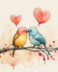 Lovebirds kissing on a branch with heart balloons in watercolor. Valentine's day romantic bird illustration with colorful lovebirds.