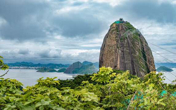 View of the iconic sugarloaf mountain and the bay of Guanabara from the Urca cable station, Rio de Janeiro, Brazil