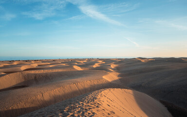 Panoramic landscape of the dunes of a desert at sunset, with the sea in the background. Maspalomas Dunes, Gran Canaria.