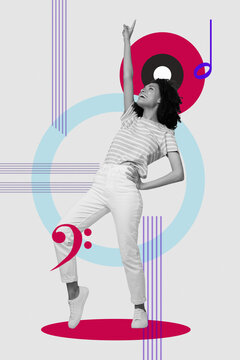 Composite collage image of funky dancing girl enjoy music have fun note sound audio fantasy billboard comics zine minimal